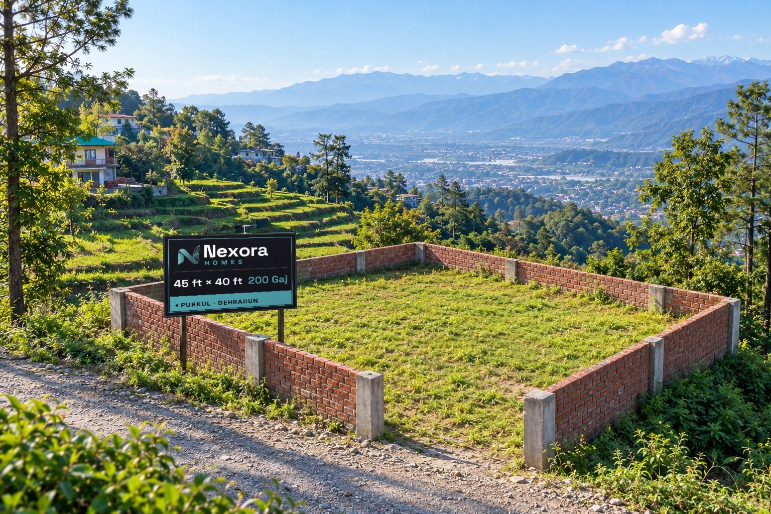 200 gaj plot (45 × 40 ft) with a red-brick boundary wall and hill views, Purkul, Dehradun