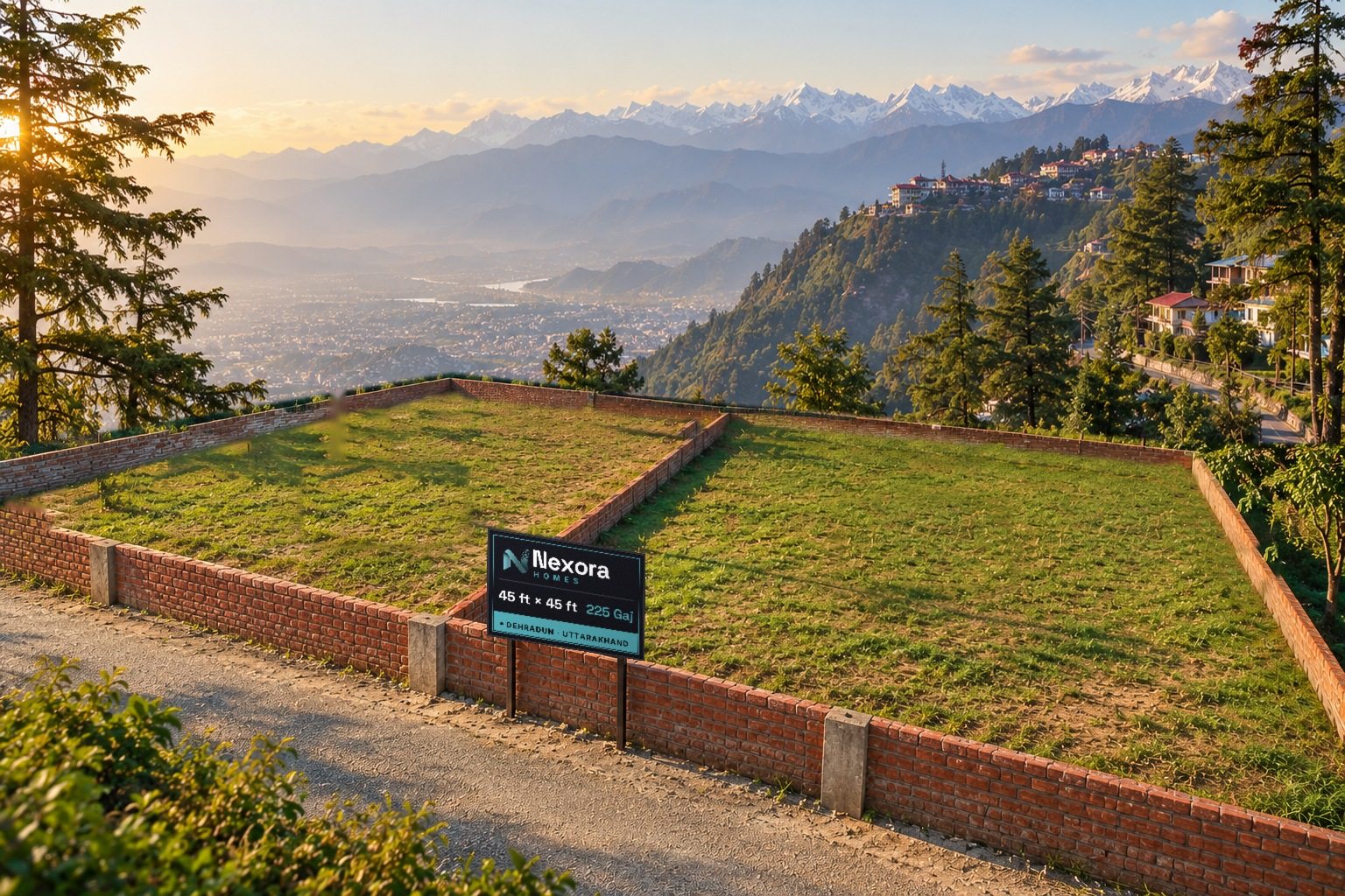 225 gaj plot (45 × 45 ft) with a red-brick boundary wall and hill views, Dehradun